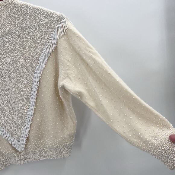 Vintage Gene Shelly's Cream Beaded Fringe Cardigan Sweater Womens Medium - Picture 12 of 16